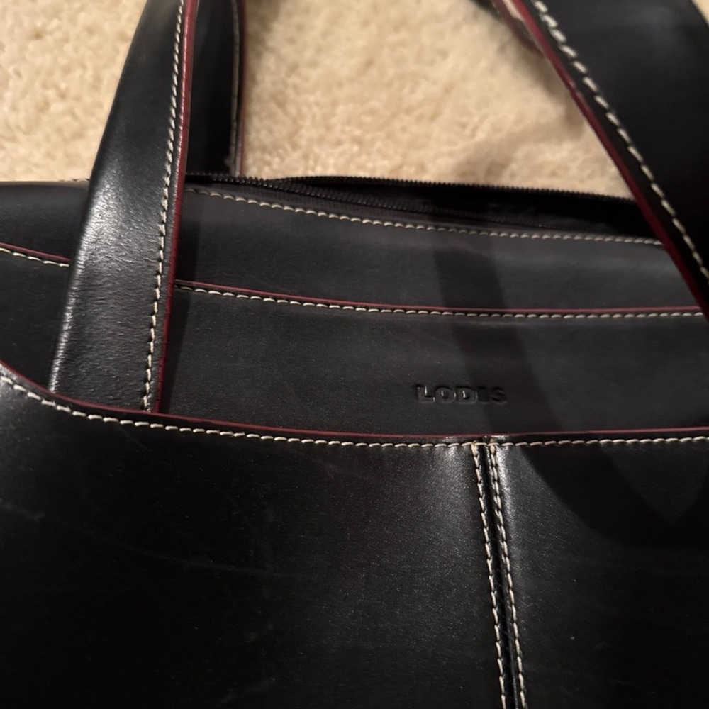Lodis Black Leather laptop bag/Briefcase with Red Accents